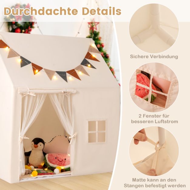 Coast Spielzelt Beige - Kinderspielhaus mit Anti-Rutsch-Matte, Lichtergirlande und Fahnen - 123 x 107 x 137 cm