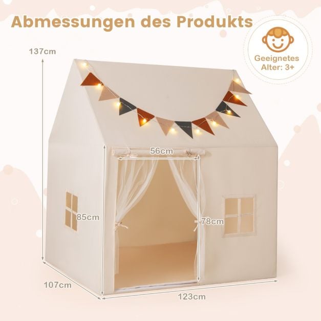 Coast Spielzelt Beige - Kinderspielhaus mit Anti-Rutsch-Matte, Lichtergirlande und Fahnen - 123 x 107 x 137 cm