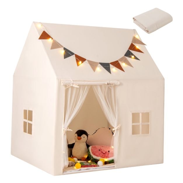 Coast Spielzelt Beige - Kinderspielhaus mit Anti-Rutsch-Matte, Lichtergirlande und Fahnen - 123 x 107 x 137 cm