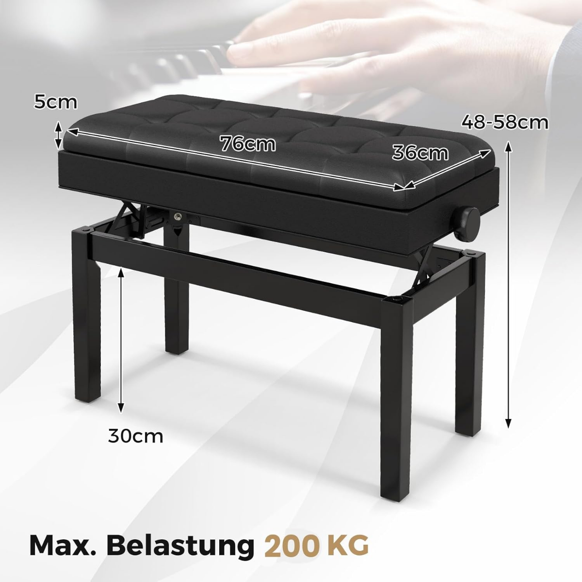 Verstellbare Duett-Klavierbank mit Ablage und wasserdichtem gepolstertem Kissen - 6 x 36 x 48-58 cm - Schwarz