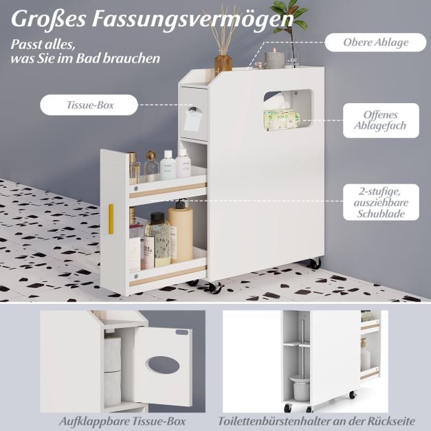 Coast Narrow Bathroom Cabinet - 16 cm Organizer mit Schublade und Tissue Holder - 50 x 16 x 69 cm - Weiß