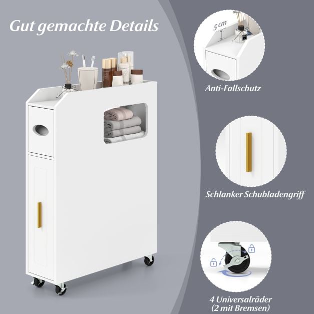 Coast Narrow Bathroom Cabinet - 16 cm Organizer mit Schublade und Tissue Holder - 50 x 16 x 69 cm - Weiß