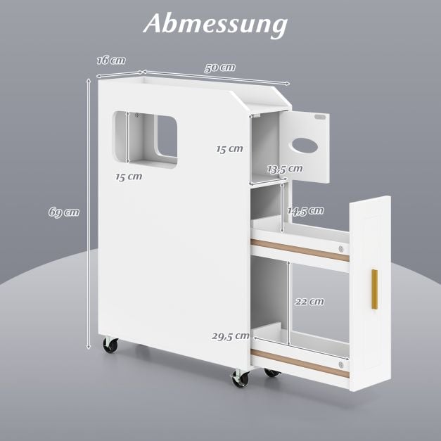 Coast Narrow Bathroom Cabinet - 16 cm Organizer mit Schublade und Tissue Holder - 50 x 16 x 69 cm - Weiß