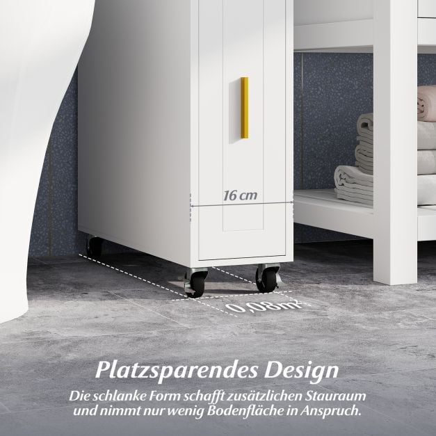 Coast Narrow Bathroom Cabinet - 16 cm Organizer mit Schublade und Tissue Holder - 50 x 16 x 69 cm - Weiß