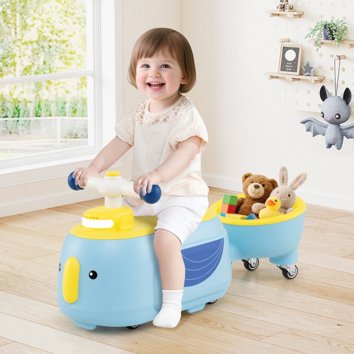 Costway TQ10407NY - Kleinkind-Fahrzeug mit Anhänger, Lichtern und Musik - 12 Monate+ - Blau Produktbeschreibung: