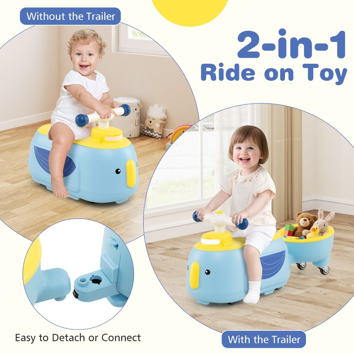 Costway TQ10407NY - Kleinkind-Fahrzeug mit Anhänger, Lichtern und Musik - 12 Monate+ - Blau Produktbeschreibung: