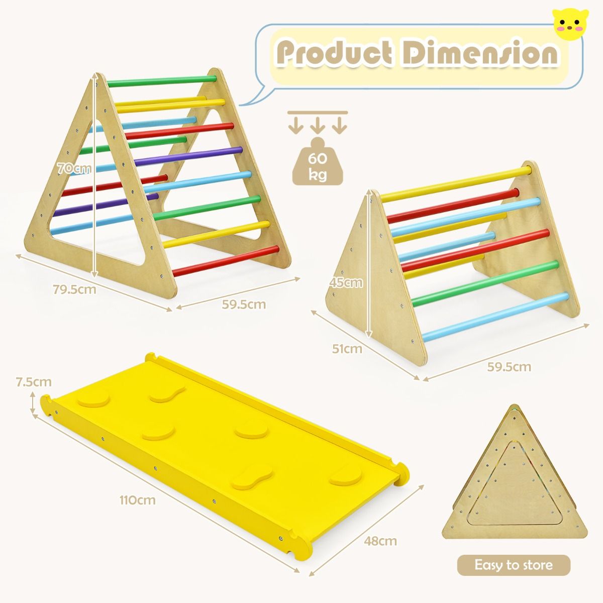 Coast 3-in-1-Kletterspielzeug-Set für Kleinkinder - Bunt - Große Dreiecksleiter 79,5x59,5x70 cm, Kleine Dreiecksleiter 59,5x51x45 cm, Kletterrampe 110x48x7,5 cm
