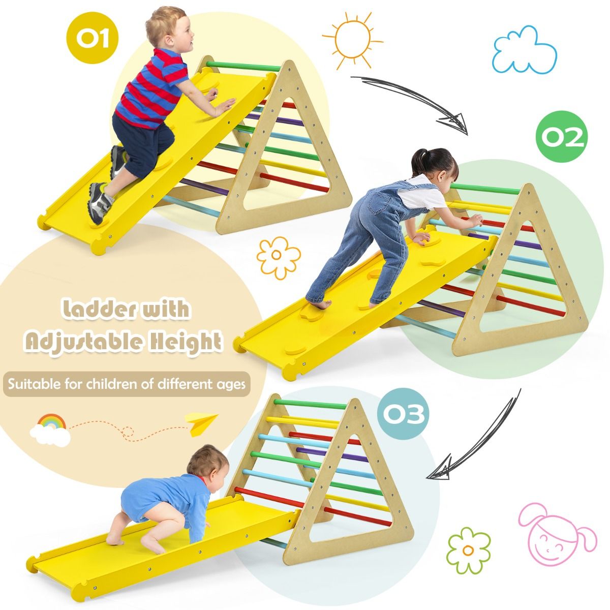 Coast 3-in-1-Kletterspielzeug-Set für Kleinkinder - Bunt - Große Dreiecksleiter 79,5x59,5x70 cm, Kleine Dreiecksleiter 59,5x51x45 cm, Kletterrampe 110x48x7,5 cm