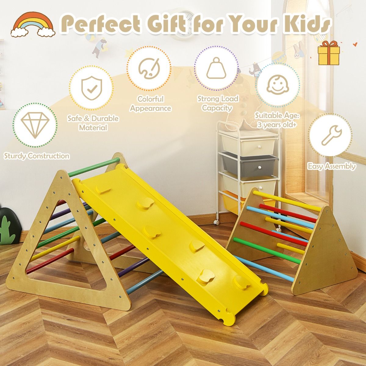 Coast 3-in-1-Kletterspielzeug-Set für Kleinkinder - Bunt - Große Dreiecksleiter 79,5x59,5x70 cm, Kleine Dreiecksleiter 59,5x51x45 cm, Kletterrampe 110x48x7,5 cm