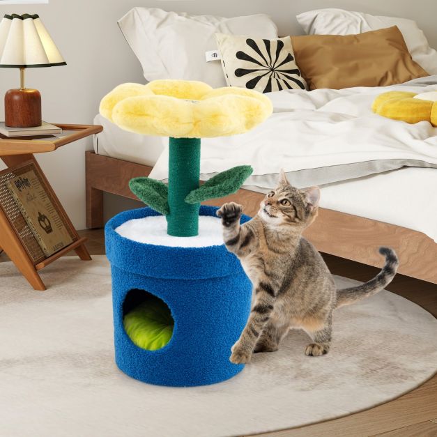 Coast Cat Tree Flower Platform & Cat Burrow Gelb - 39,5 x 39,5 x 72 cm - Luxus Plüsch Katzenhaus mit Kratzbaum