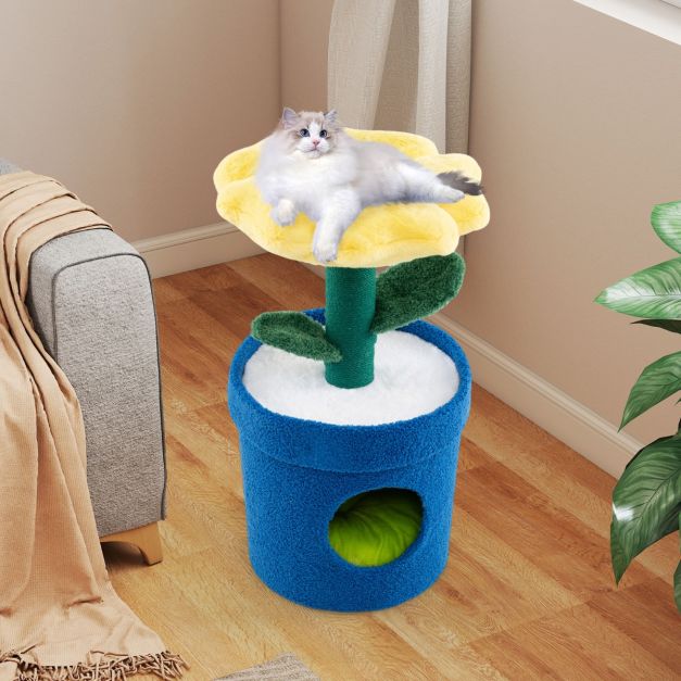 Coast Cat Tree Flower Platform & Cat Burrow Gelb - 39,5 x 39,5 x 72 cm - Luxus Plüsch Katzenhaus mit Kratzbaum