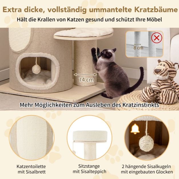 Kratzbaum mit Kratzstamm – 2-stöckiges Katzenhaus mit Hängematte 58 x 48 x 154 cm – Naturfarben