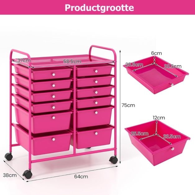 Coast Roller Trolley - Metall - 12 Schubladen - 64x38x75 cm - Rosa