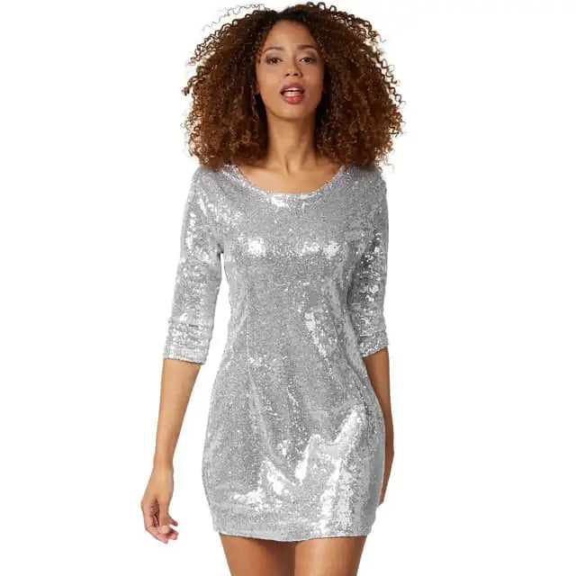 DressForFun Paillettenkleid Glamour - Mit schimmernden Pailletten und Dreiviertel-Ärmeln und elastischer Passform - Für Karneval und Motto-Partys - Silbernes Polyester - Größe XL