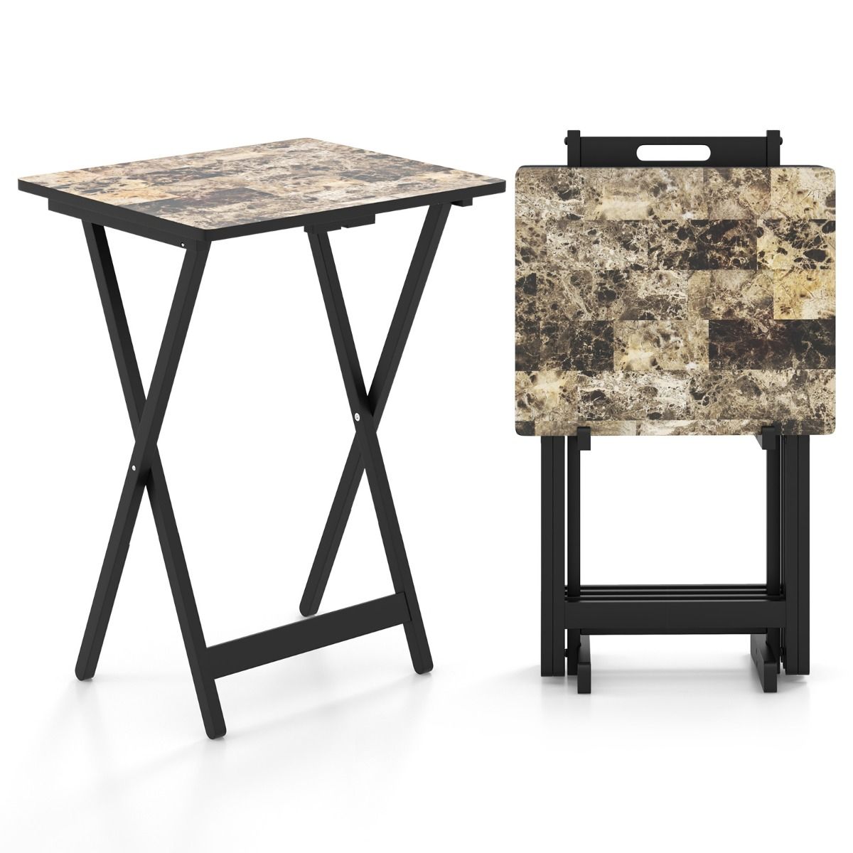 Coast 4-teiliges Klapptisch-Set - Klappbar - Mit Ständer - Marmoroptik - 48 x 40 x 67 cm - MDF/Kautschukholz - Schwarz
