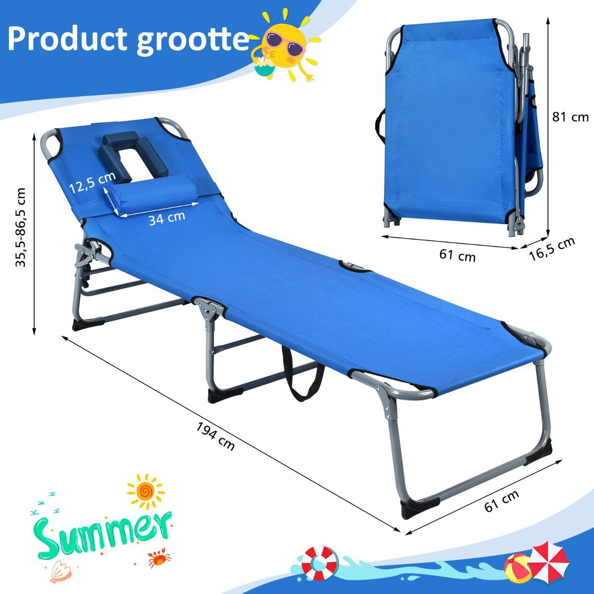 Coast 5-Position Folding Lounge Chair - 194x60x36-86 cm - Blau - Oxford Fabric - 150 kg Tragfähigkeit