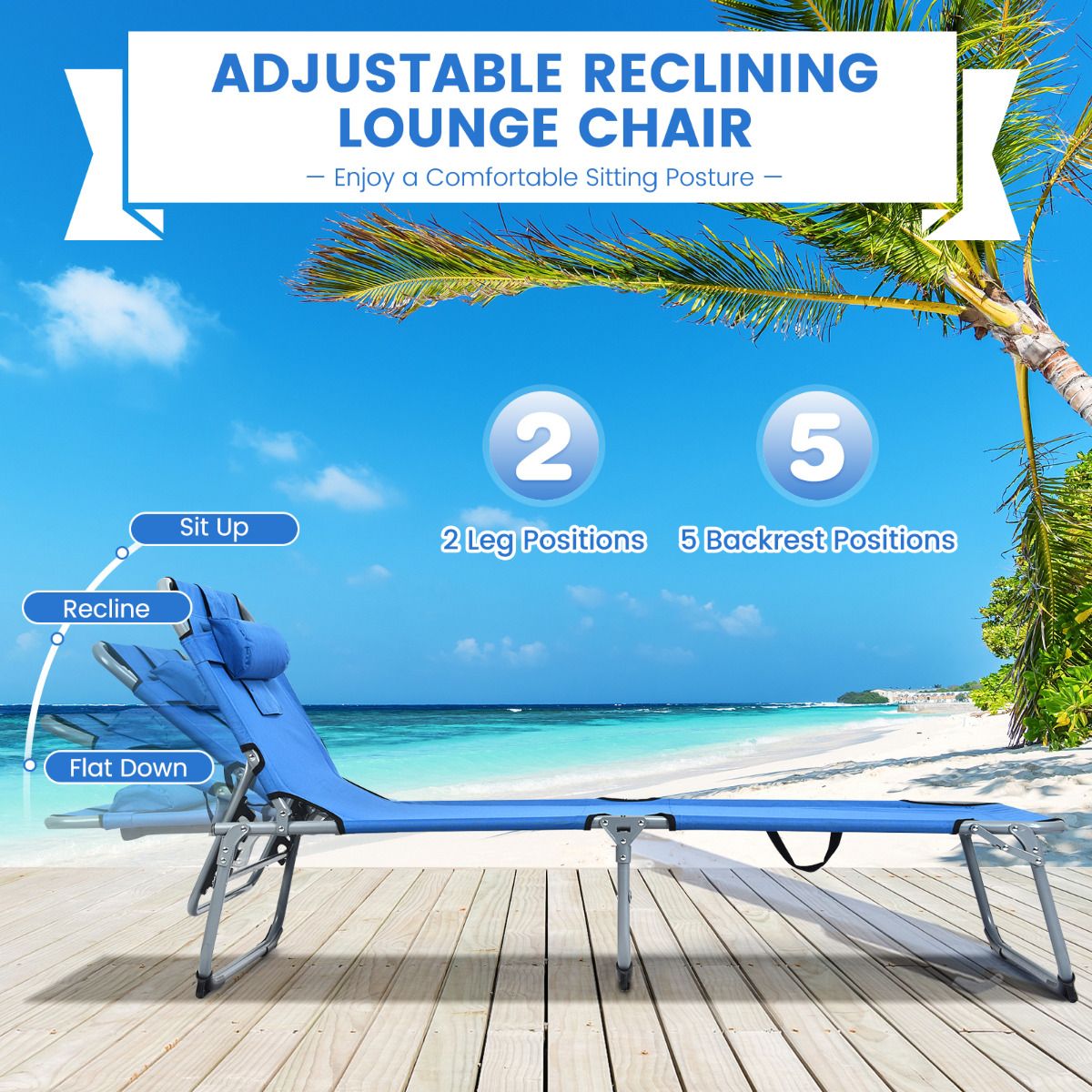 Coast 5-Position Folding Lounge Chair - 194x60x36-86 cm - Blau - Oxford Fabric - 150 kg Tragfähigkeit