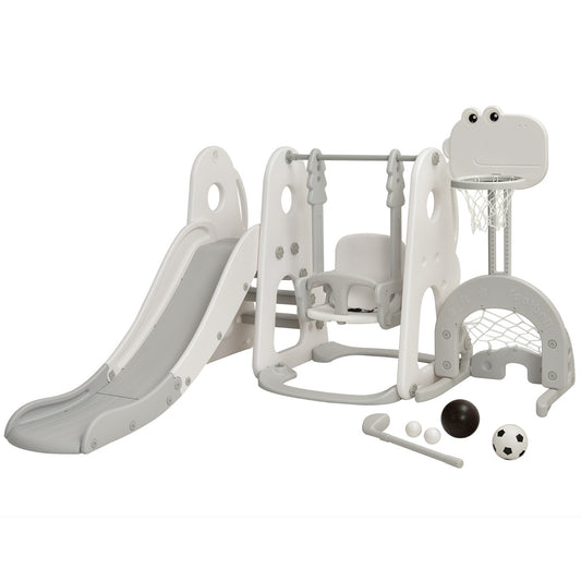Rutsche und Schaukel Set für Kleinkinder 6-in-1 Spielset mit Kletterrutsche Basketballkorb Fußballtor und Golfloch Grau