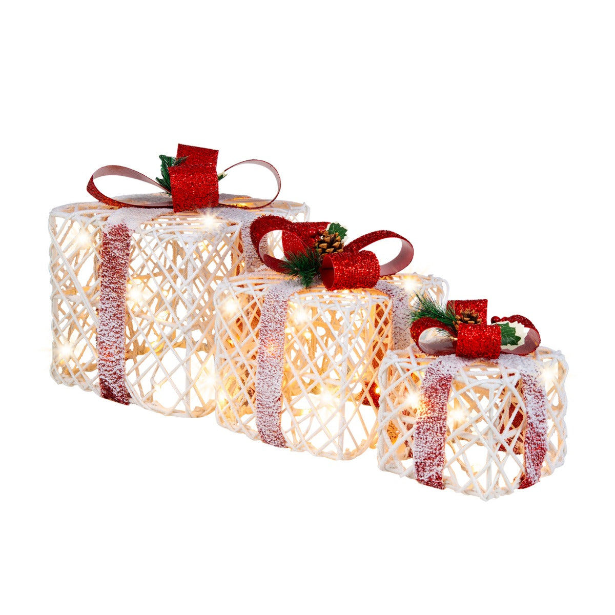 3er-Set LED-Batteriebetriebene Geschenkboxen mit roten Schleifen 60 LED-Leuchten