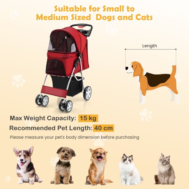 COAST 4-Rad faltbarer Hunde- und Katzenkinderwagen Pet Buggy bis zu 15 kg mit Netzfenster/Flaschenhalter/Anhänger Rot