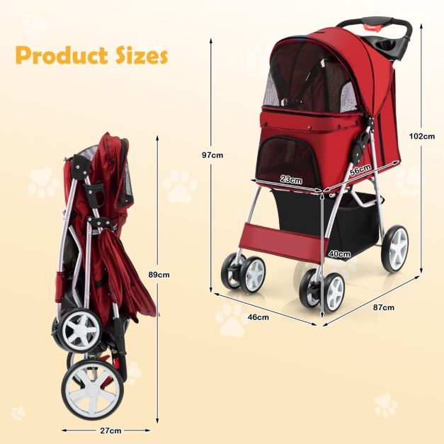 COAST 4-Rad faltbarer Hunde- und Katzenkinderwagen Pet Buggy bis zu 15 kg mit Netzfenster/Flaschenhalter/Anhänger Rot