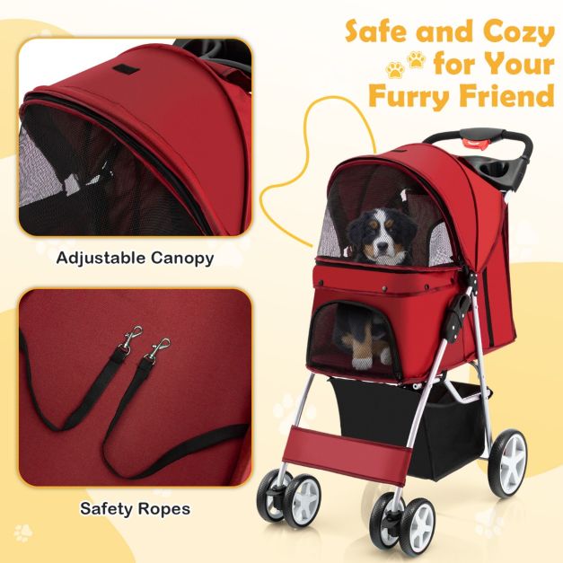 COAST 4-Rad faltbarer Hunde- und Katzenkinderwagen Pet Buggy bis zu 15 kg mit Netzfenster/Flaschenhalter/Anhänger Rot