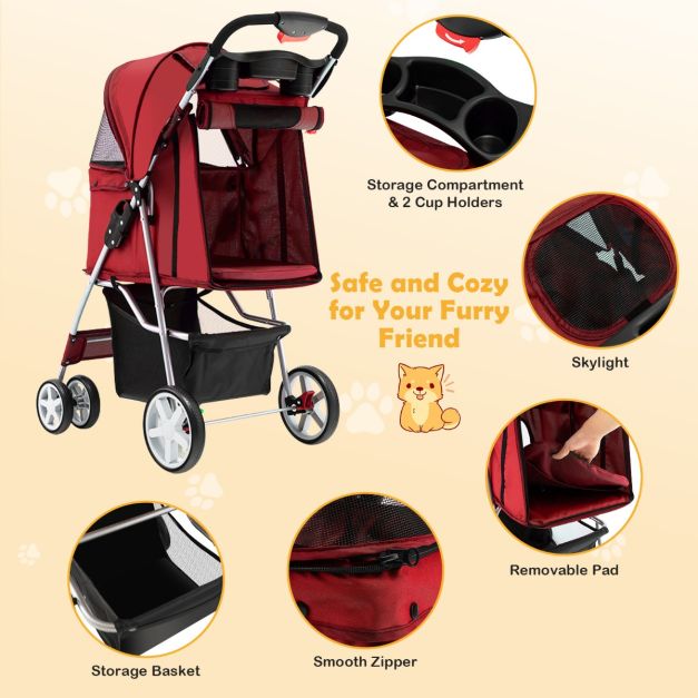 COAST 4-Rad faltbarer Hunde- und Katzenkinderwagen Pet Buggy bis zu 15 kg mit Netzfenster/Flaschenhalter/Anhänger Rot