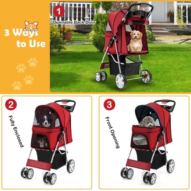 COAST 4-Rad faltbarer Hunde- und Katzenkinderwagen Pet Buggy bis zu 15 kg mit Netzfenster/Flaschenhalter/Anhänger Rot