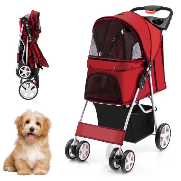 COAST 4-Rad faltbarer Hunde- und Katzenkinderwagen Pet Buggy bis zu 15 kg mit Netzfenster/Flaschenhalter/Anhänger Rot