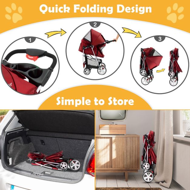 COAST 4-Rad faltbarer Hunde- und Katzenkinderwagen Pet Buggy bis zu 15 kg mit Netzfenster/Flaschenhalter/Anhänger Rot