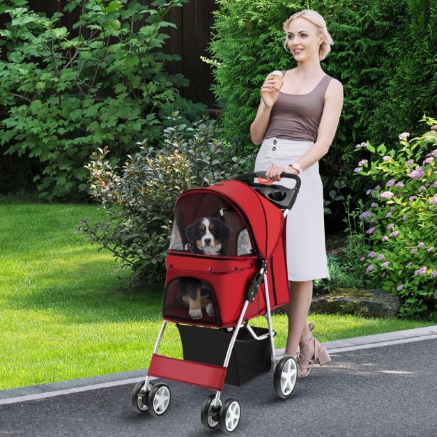COAST 4-Rad faltbarer Hunde- und Katzenkinderwagen Pet Buggy bis zu 15 kg mit Netzfenster/Flaschenhalter/Anhänger Rot
