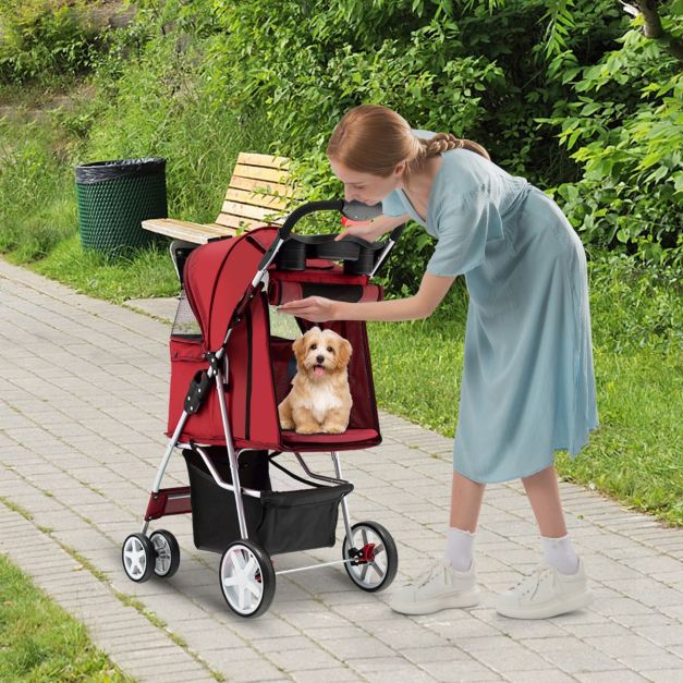 COAST 4-Rad faltbarer Hunde- und Katzenkinderwagen Pet Buggy bis zu 15 kg mit Netzfenster/Flaschenhalter/Anhänger Rot