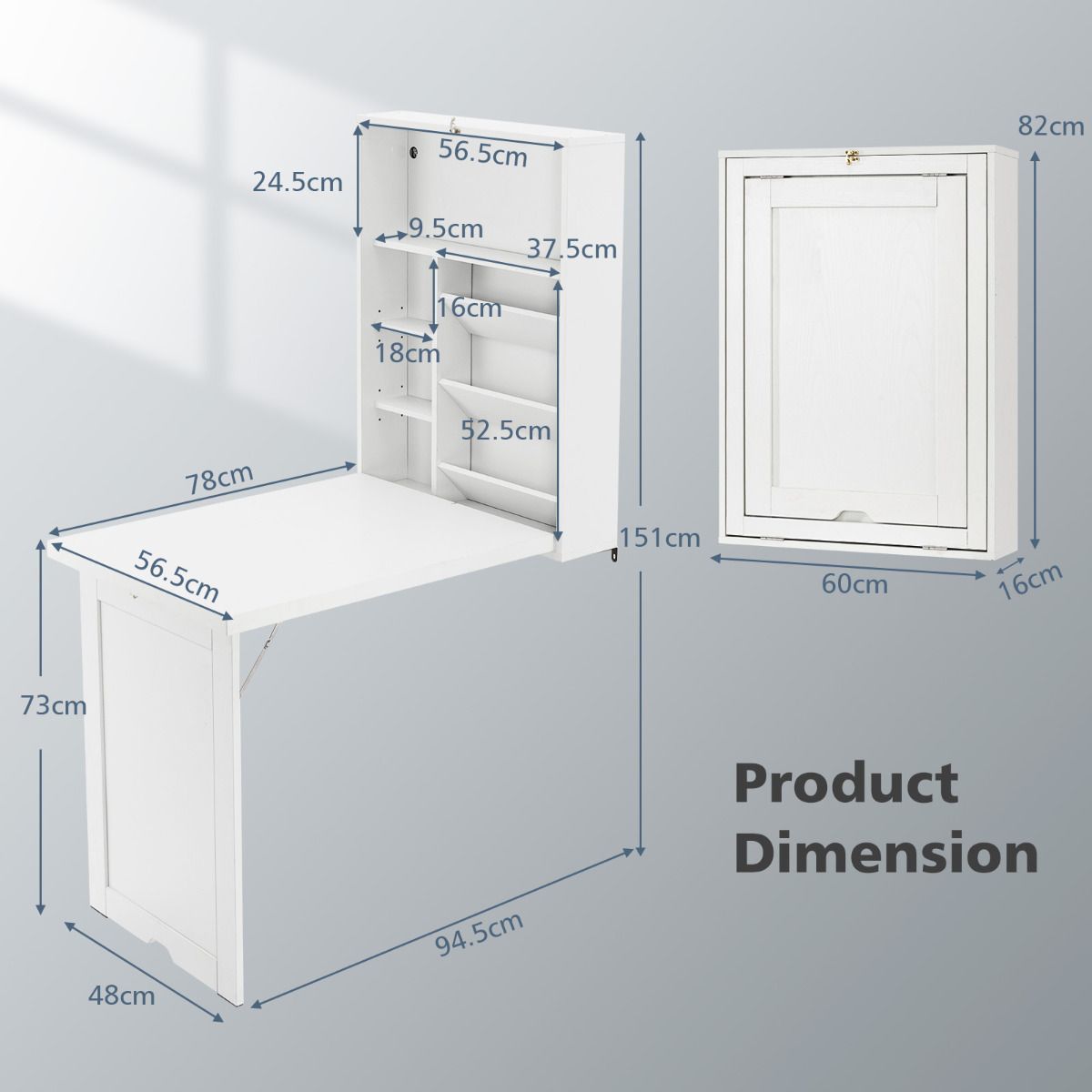Coast Wall Folding Table Weiß - 60 x 94,5 x 151 cm - Klapptisch mit Stauraum