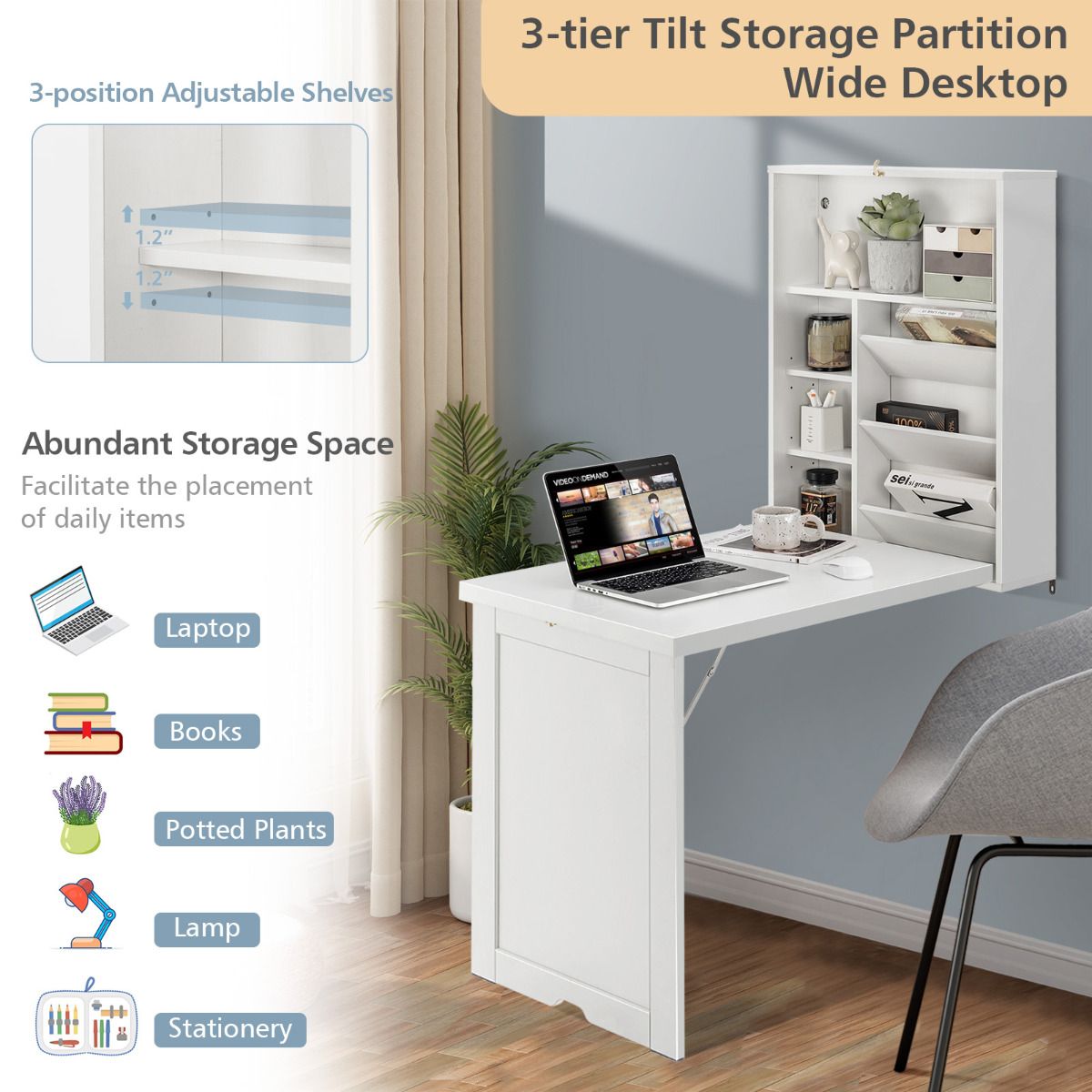 Coast Wall Folding Table Weiß - 60 x 94,5 x 151 cm - Klapptisch mit Stauraum