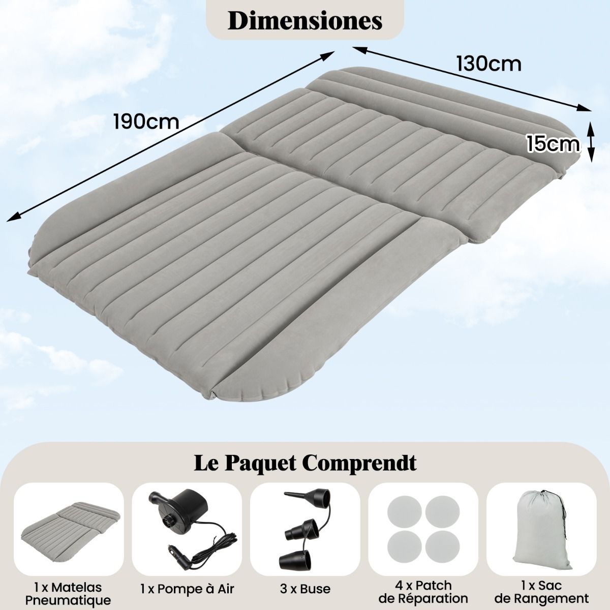 Coast Aufblasbare SUV Luftmatratze Grau 190 x 130 x 15 cm - Doppelseitiges Reisebett mit Luftpumpe und Tragetasche