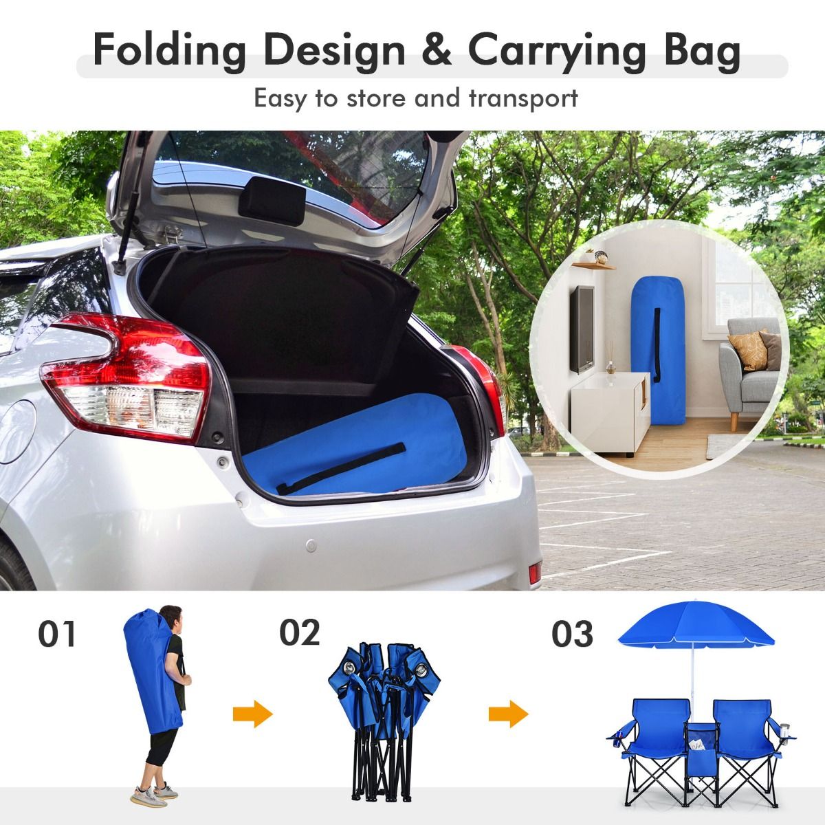 Coast Doppel Campingstuhl - Mit Sonnenschirm - Faltbar - Mit Getränkehalter und Kühltasche - Blau