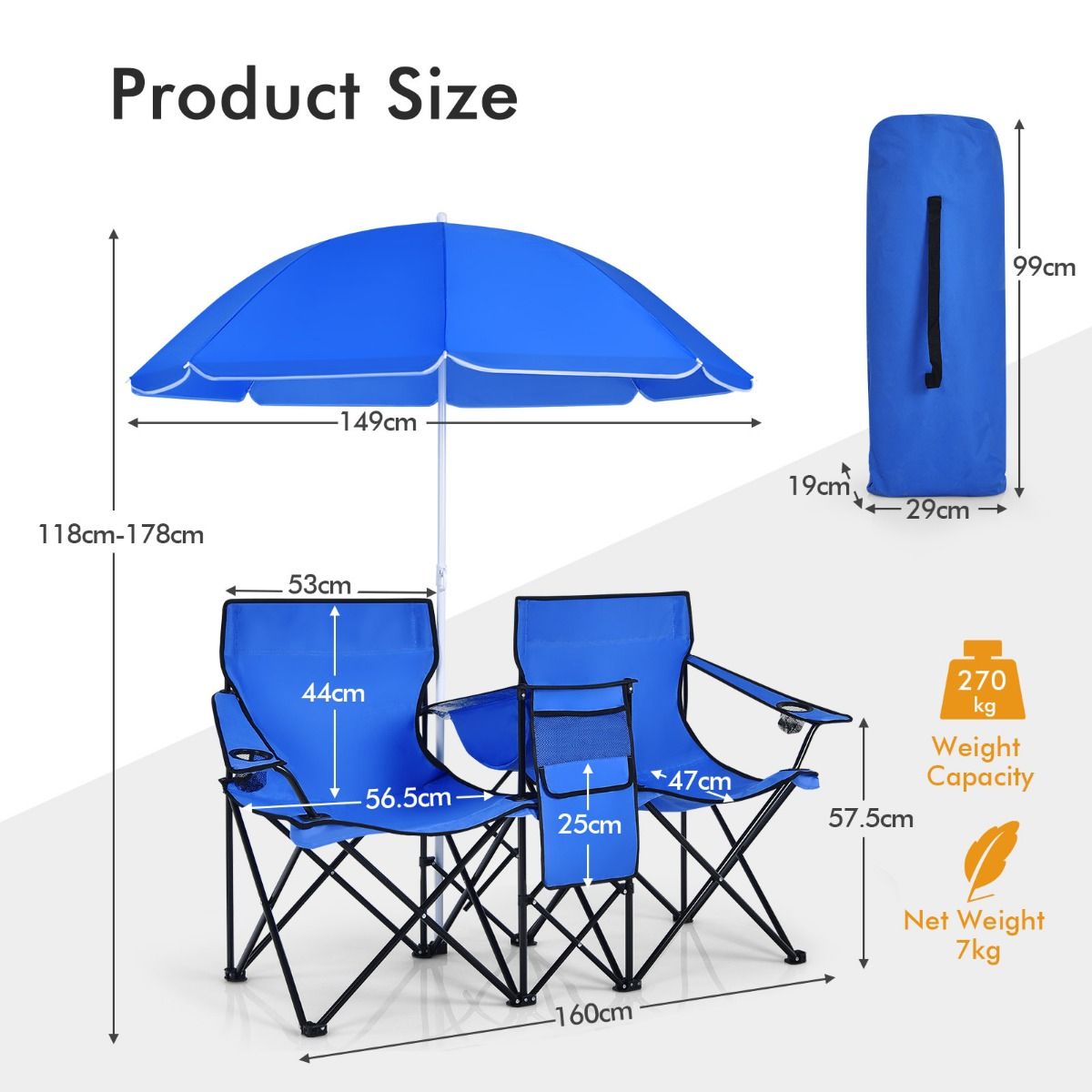 Coast Doppel Campingstuhl - Mit Sonnenschirm - Faltbar - Mit Getränkehalter und Kühltasche - Blau