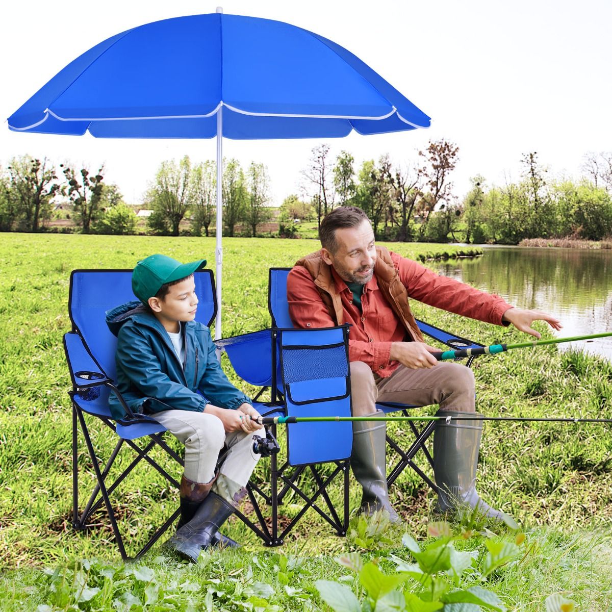 Coast Doppel Campingstuhl - Mit Sonnenschirm - Faltbar - Mit Getränkehalter und Kühltasche - Blau
