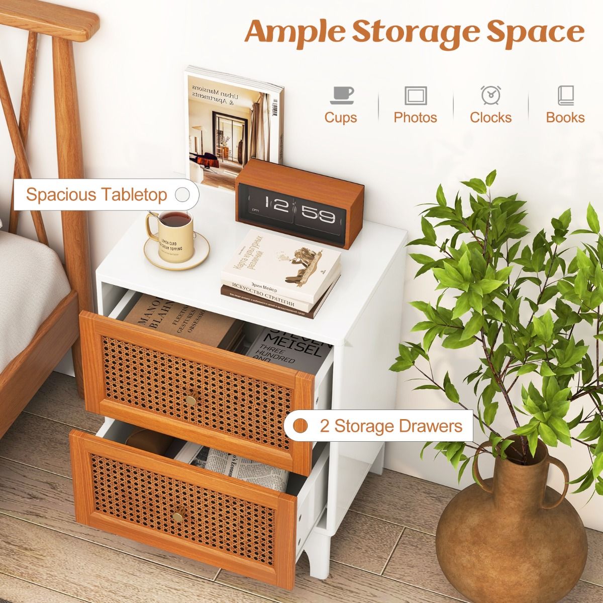 Coast Rattan Nachttisch Boho Weiß & Braun 46x33x59,5 cm mit 2 handgeflochtenen Schubladen
