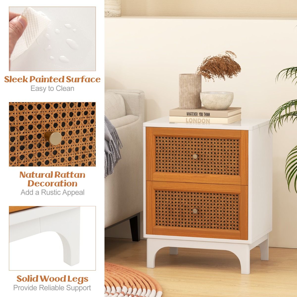 Coast Rattan Nachttisch Boho Weiß & Braun 46x33x59,5 cm mit 2 handgeflochtenen Schubladen