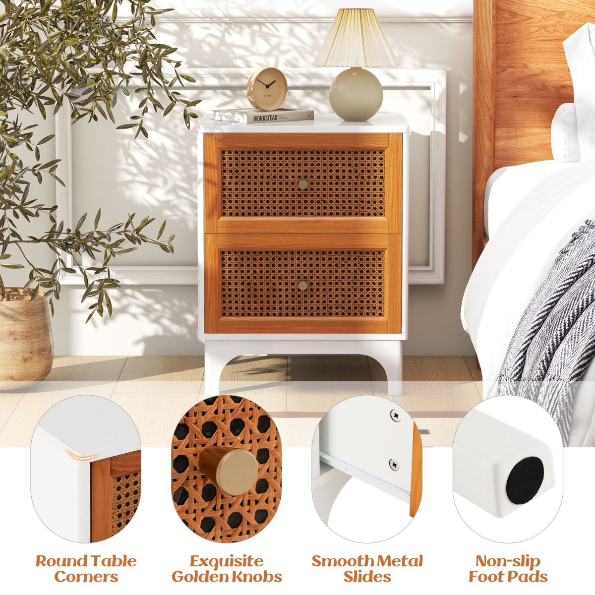 Coast Rattan Nachttisch Boho Weiß & Braun 46x33x59,5 cm mit 2 handgeflochtenen Schubladen