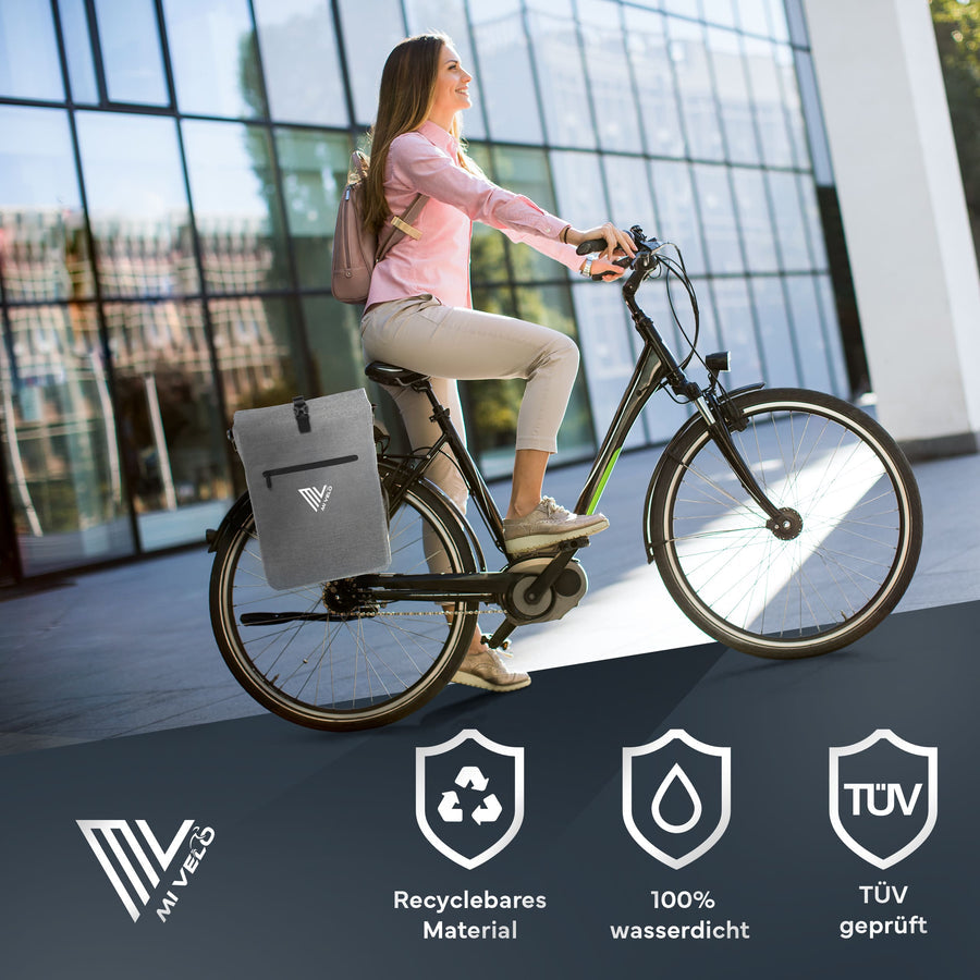 MIVELO 3-in-1 Gepäckträger & Rucksack - Wasserdicht - 25L - Inklusive Laptop-Fach - Full Reflex Gepäckträger - Grau