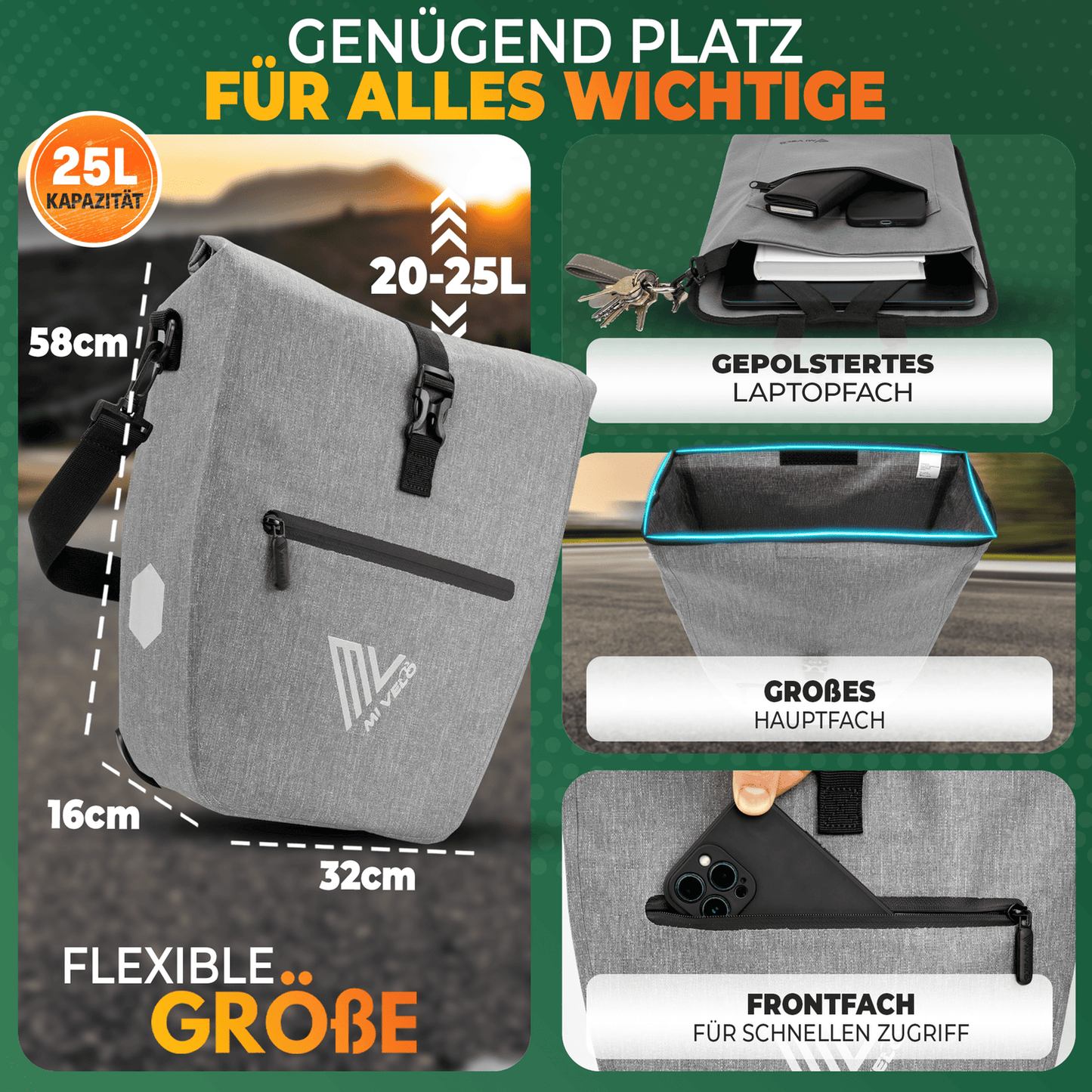 MiVelo - 2in1 Packtasche CAPAX - 25L - Wasserdicht & mit Reflektoren - Schwarz