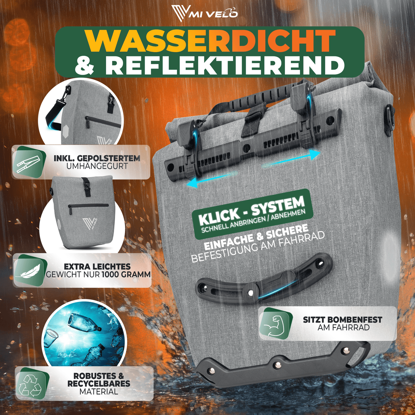 MiVelo - 2in1 Packtasche CAPAX - 25L - Wasserdicht & mit Reflektoren - Schwarz