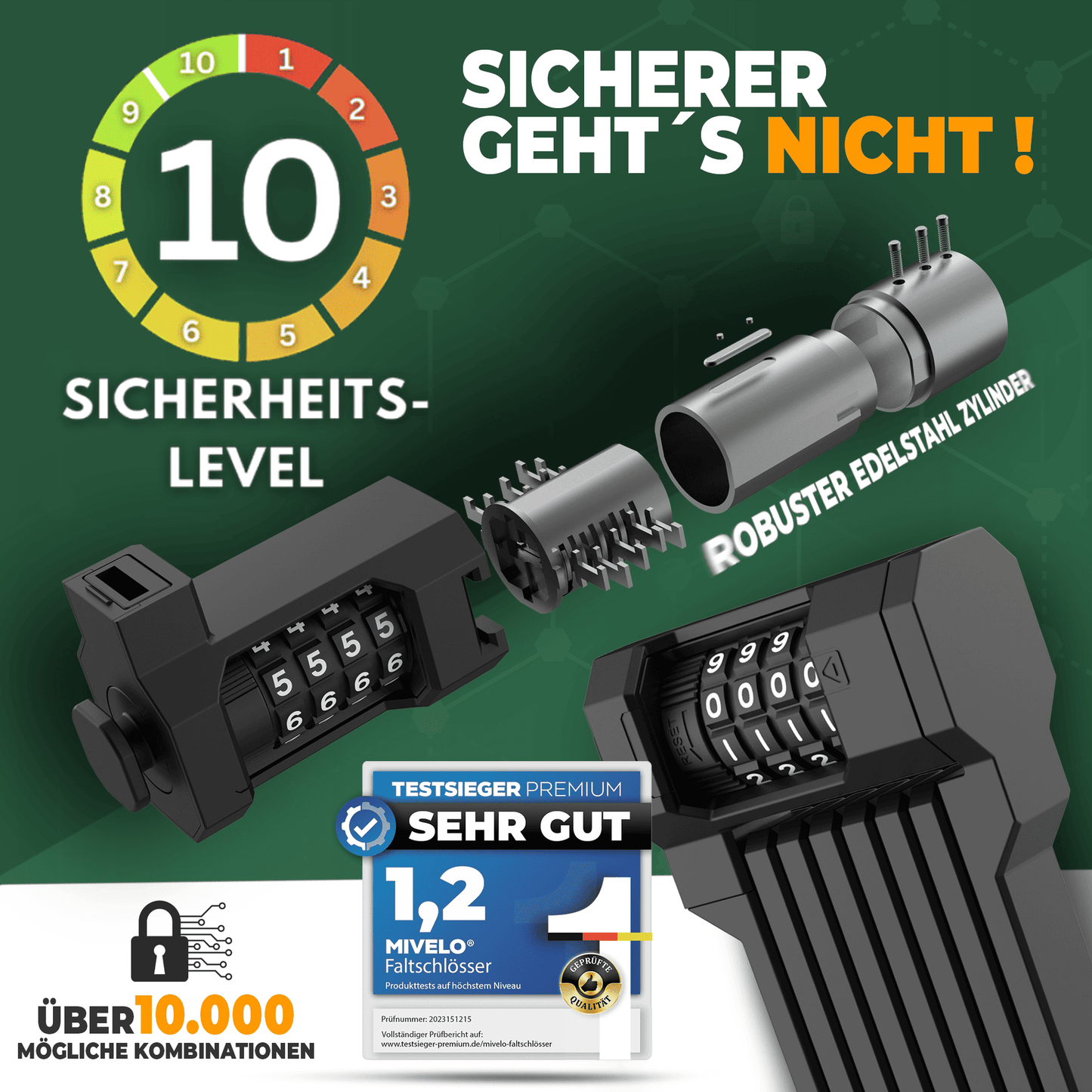 MIVELO - Faltschloss mit Zahlencode - 120 cm lang - wasserdicht - Sicherheitsstufe 10/10 - Kohlenstoffstahl - schwarz
