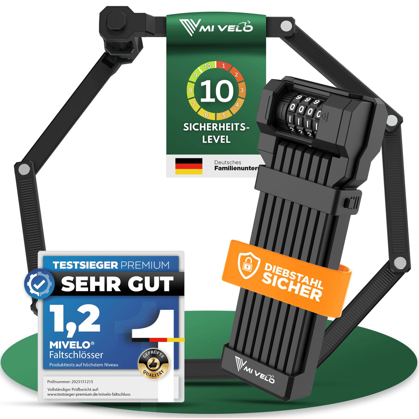 MIVELO - Faltschloss mit Zahlencode - 120 cm lang - wasserdicht - Sicherheitsstufe 10/10 - Kohlenstoffstahl - schwarz