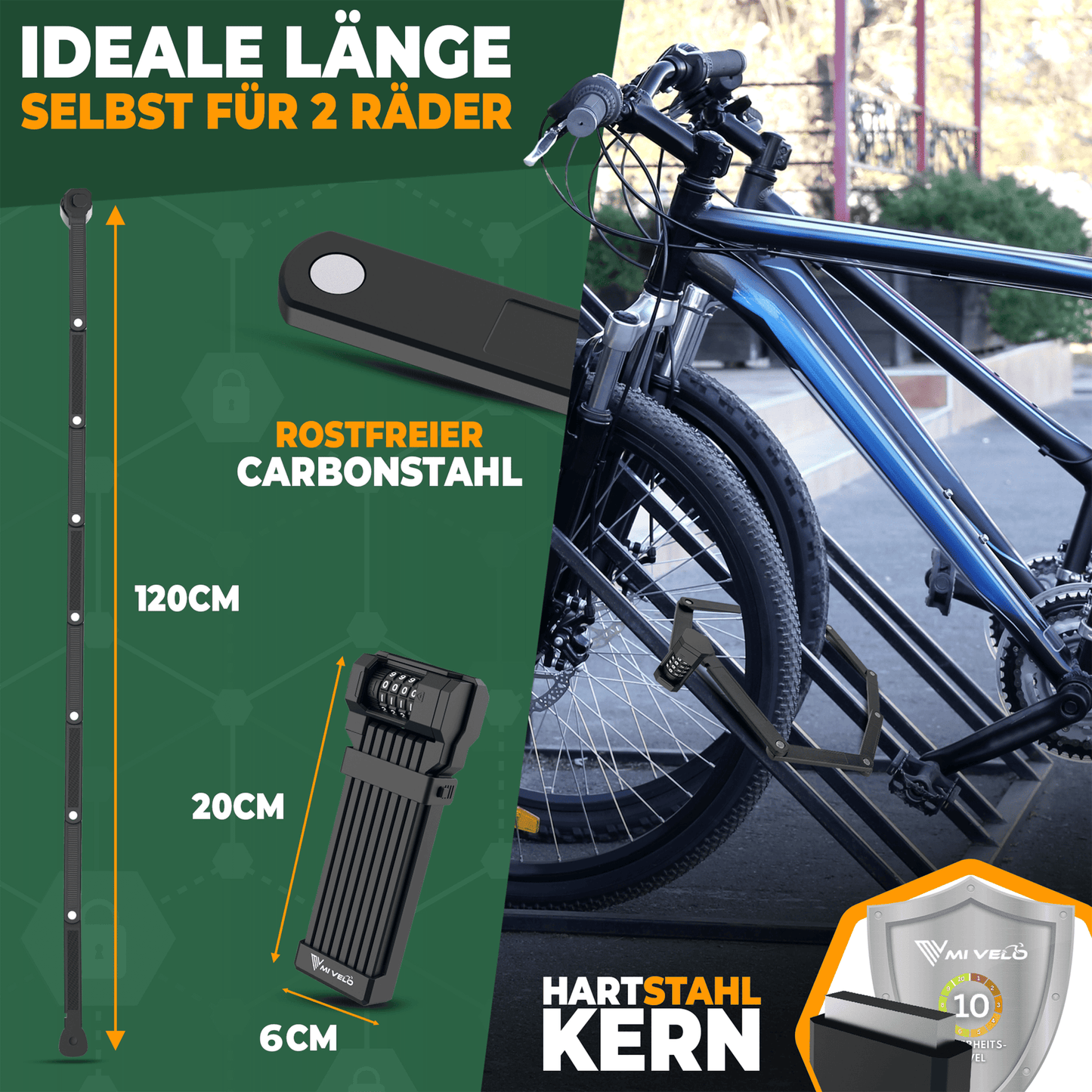 MIVELO - Faltschloss mit Zahlencode - 120 cm lang - wasserdicht - Sicherheitsstufe 10/10 - Kohlenstoffstahl - schwarz