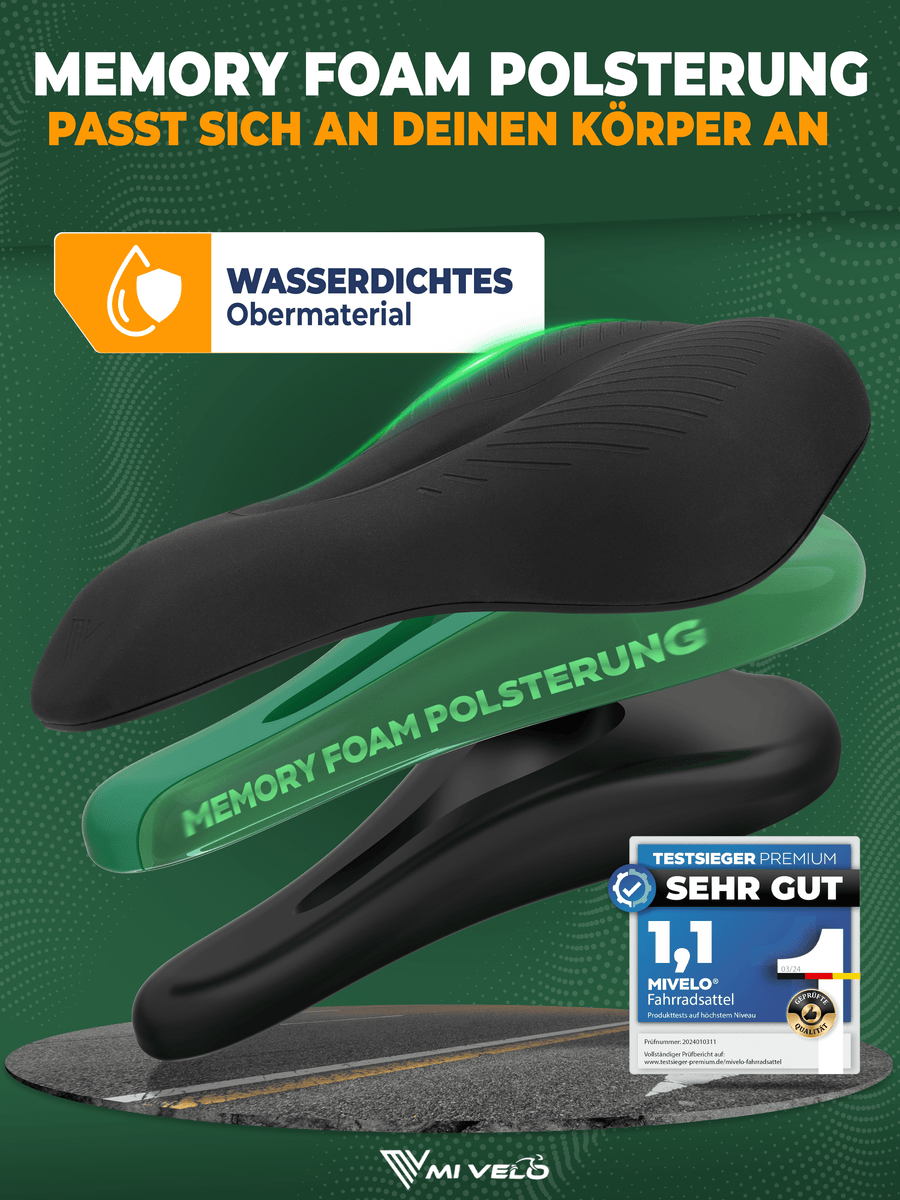 MIVELO Comfort Pro Fahrradsattel – Ergonomisch – 100 % Wasserdicht – 28 x 17,5 cm – Tragkraft 120 kg – Schwarz