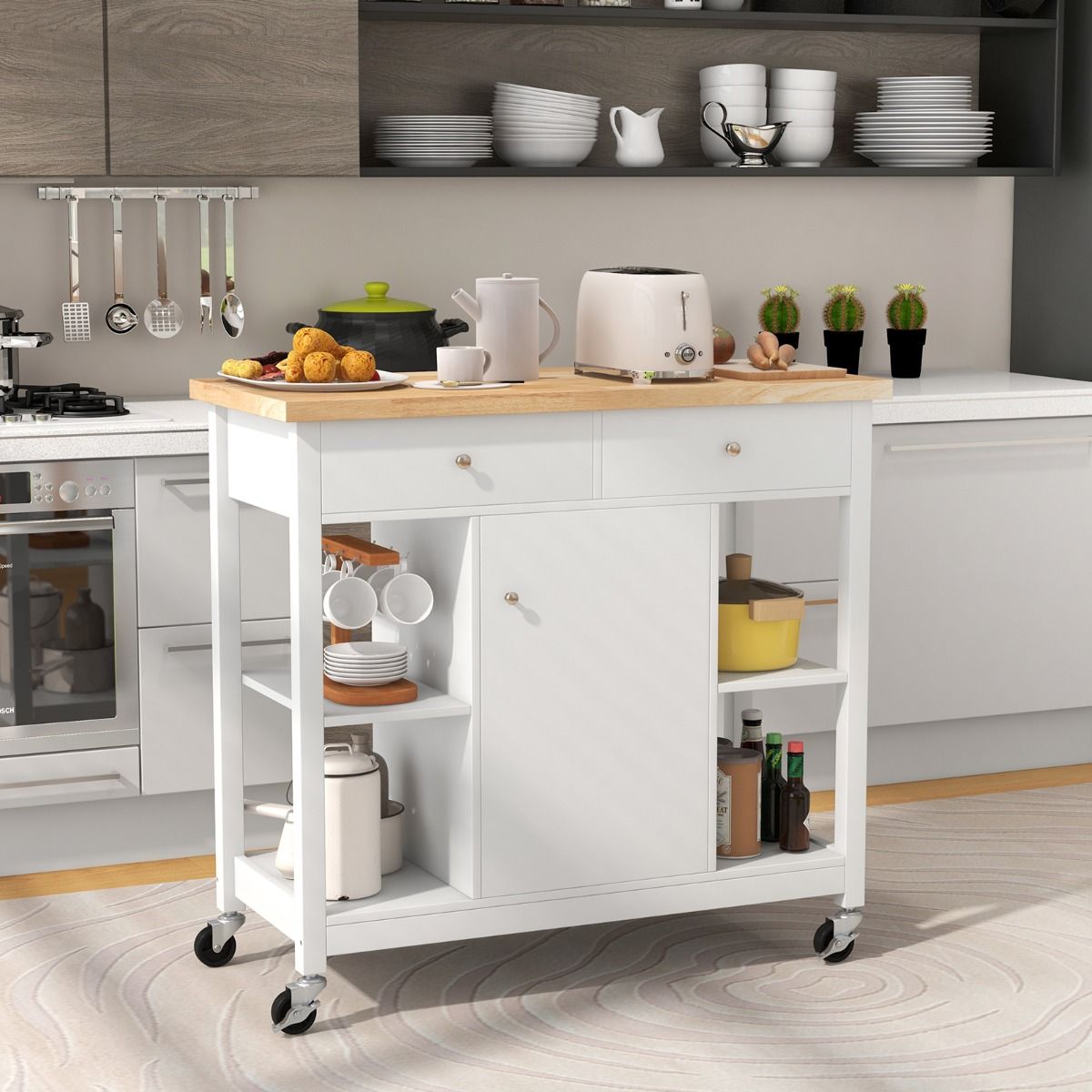 Coast Mobile Kitchen Trolley Rollende Kücheninsel Weiß 99 x 46 x 90 cm mit gummierter Holzplatte, 4 offenen Regalen, 2 tiefen Schubladen und 1 geschlossenem Schrank