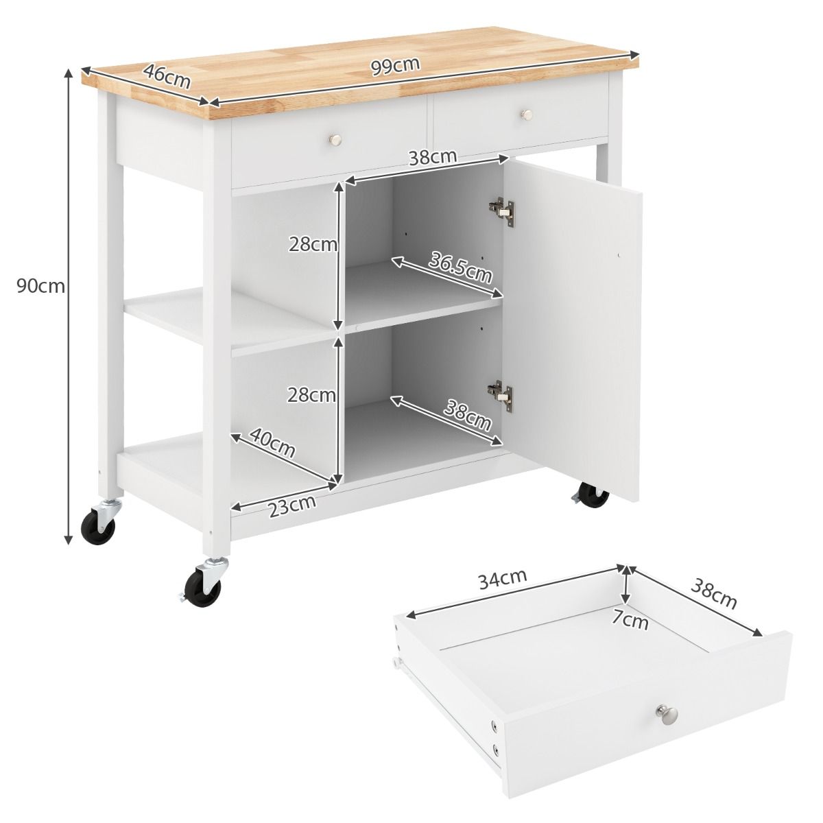 Coast Mobile Kitchen Trolley Rollende Kücheninsel Weiß 99 x 46 x 90 cm mit gummierter Holzplatte, 4 offenen Regalen, 2 tiefen Schubladen und 1 geschlossenem Schrank